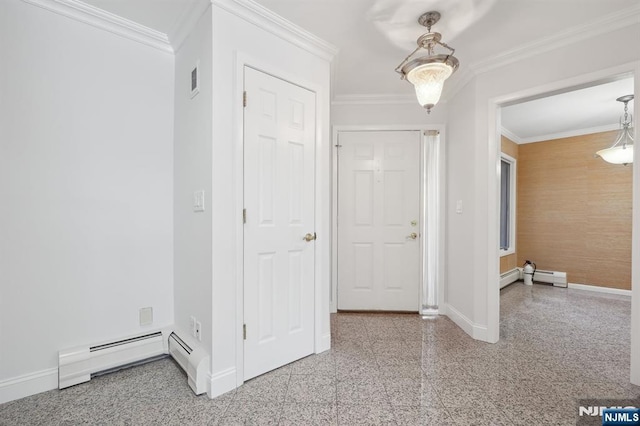 hallway featuring crown molding and a baseboard heating unit