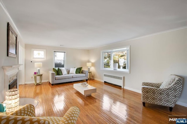 living room featuring hardwood / wood-style floors, ornamental molding, radiator heating unit, and a fireplace