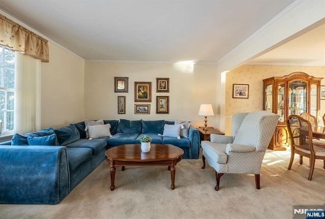 living room featuring light colored carpet and ornamental molding