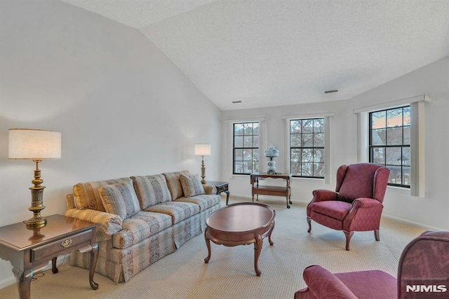 carpeted living room featuring lofted ceiling and a textured ceiling