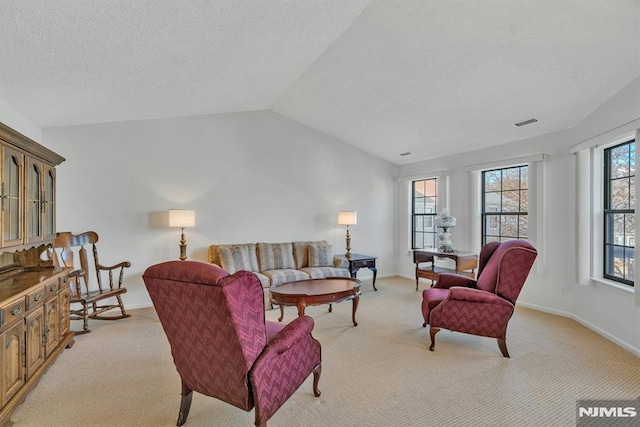 living room with lofted ceiling, light carpet, and a textured ceiling