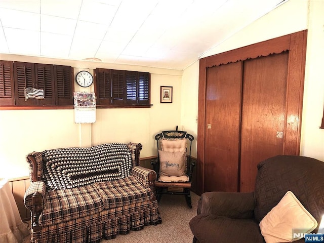 living area featuring lofted ceiling and carpet flooring