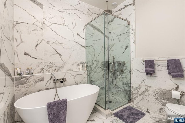 bathroom featuring toilet, independent shower and bath, and tile walls