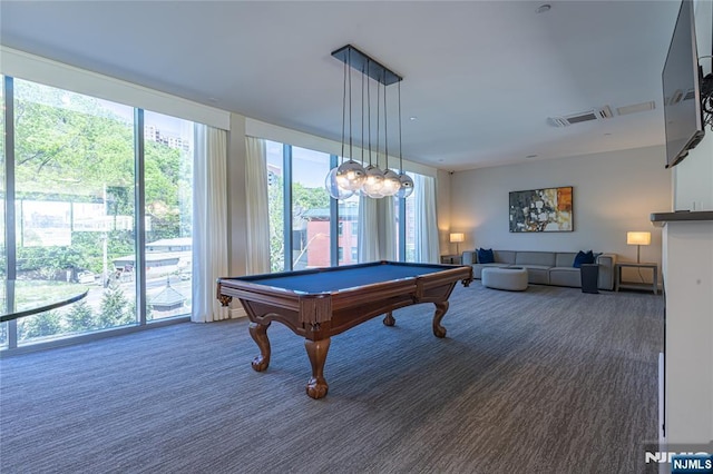 game room featuring pool table and dark carpet