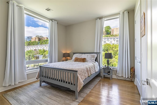 bedroom featuring multiple windows and light wood-type flooring