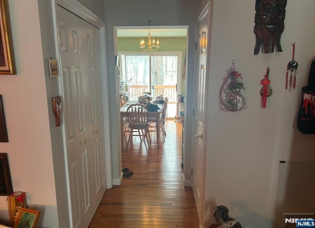 hall featuring a notable chandelier and hardwood / wood-style flooring