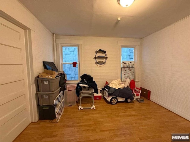 miscellaneous room with a wealth of natural light, brick wall, and hardwood / wood-style floors