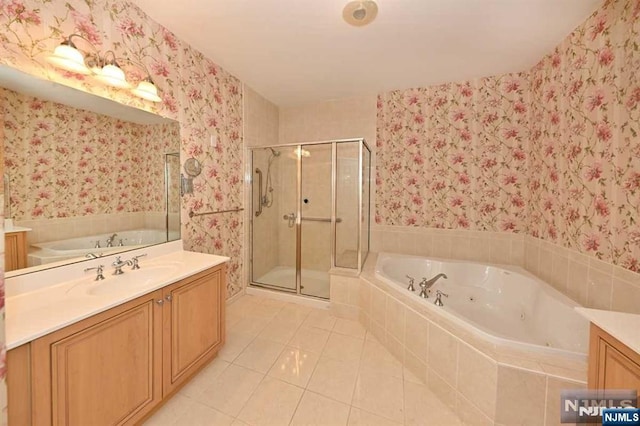 bathroom with vanity, separate shower and tub, and tile patterned floors