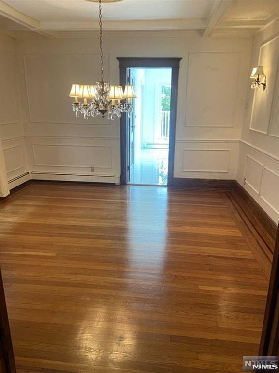 unfurnished dining area with beam ceiling, dark hardwood / wood-style floors, and a chandelier