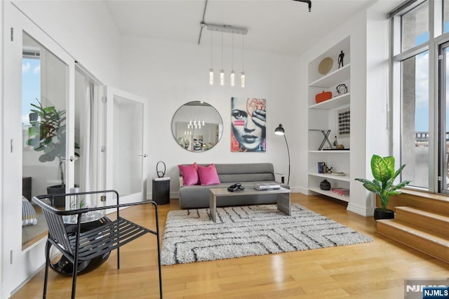 living area featuring hardwood / wood-style flooring and built in features