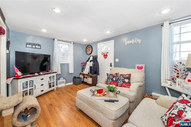 living room with light hardwood / wood-style flooring