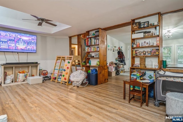 recreation room featuring a tray ceiling, ceiling fan, and light hardwood / wood-style flooring