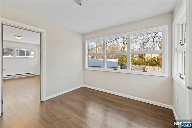 unfurnished room featuring dark hardwood / wood-style flooring and a baseboard heating unit