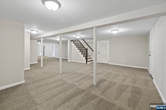 basement featuring carpet flooring