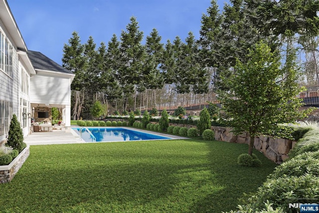 outdoor pool featuring a fenced backyard, a lawn, and a patio