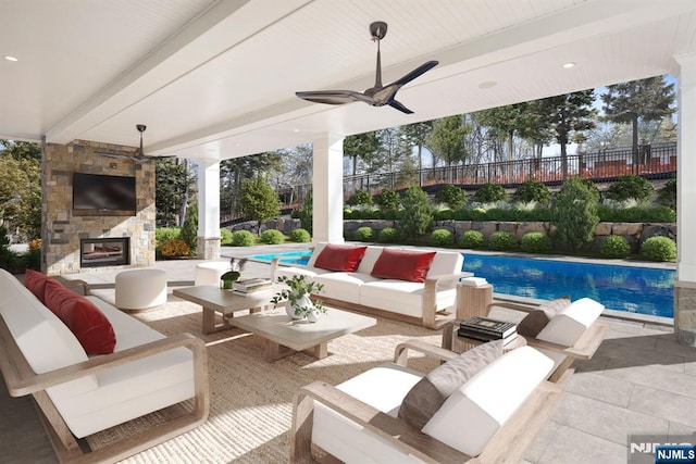 view of patio with an outdoor living space with a fireplace, a fenced in pool, fence, and a ceiling fan