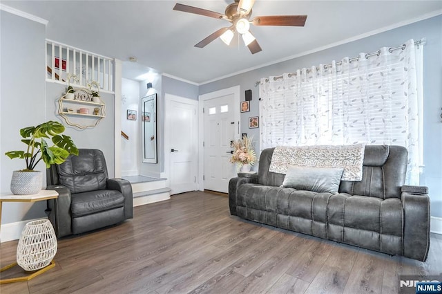 living room with hardwood / wood-style floors, crown molding, and ceiling fan