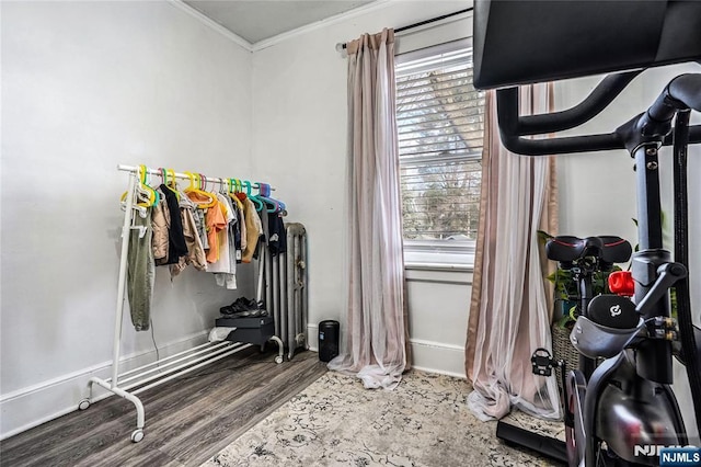 exercise room with hardwood / wood-style floors and crown molding