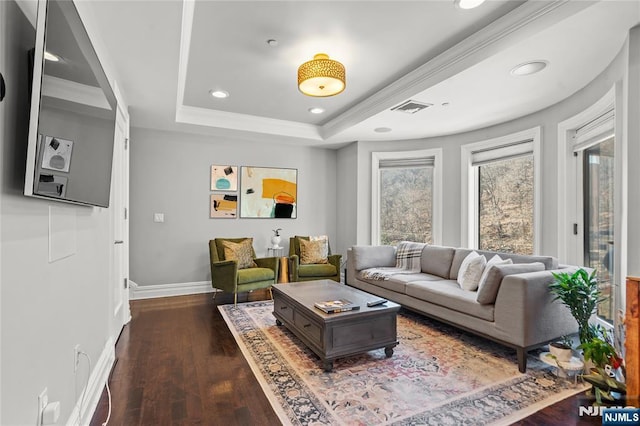 living room featuring dark wood-type flooring and a tray ceiling