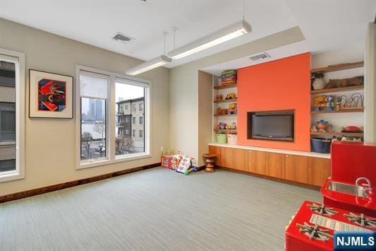 game room with a raised ceiling, light colored carpet, and built in features