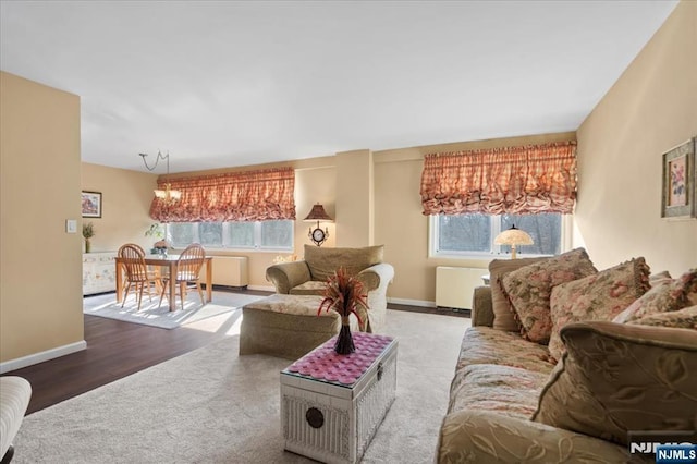 living room with hardwood / wood-style floors, radiator heating unit, and a healthy amount of sunlight