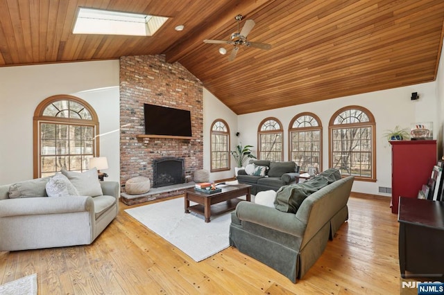 living room featuring plenty of natural light, light wood-type flooring, wooden ceiling, and a fireplace