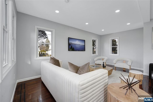 living room with dark hardwood / wood-style flooring