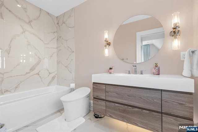 full bathroom featuring vanity, toilet, and washtub / shower combination