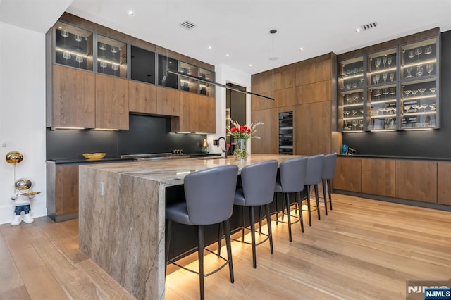 kitchen featuring light stone counters, a kitchen breakfast bar, light wood-type flooring, and a large island with sink