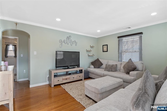 living room featuring ornamental molding, light hardwood / wood-style floors, and a wealth of natural light