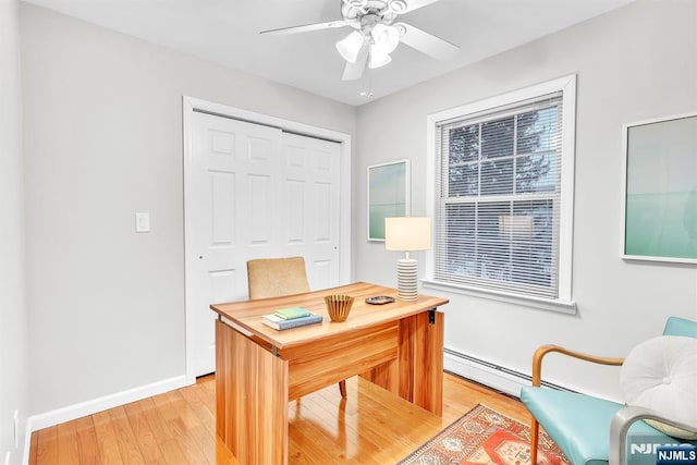 office area featuring baseboard heating, ceiling fan, and light hardwood / wood-style flooring