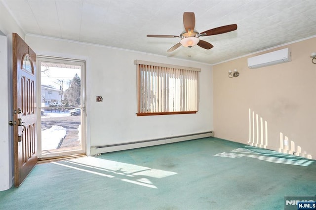 spare room with crown molding, ceiling fan, a wall mounted AC, carpet floors, and a baseboard radiator