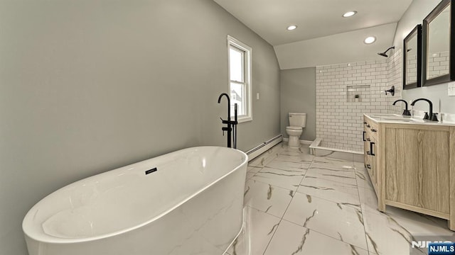 full bathroom featuring a baseboard radiator, lofted ceiling, vanity, separate shower and tub, and toilet