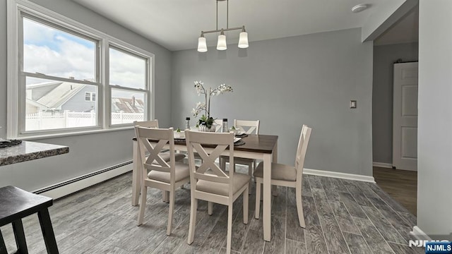 dining room with hardwood / wood-style floors and a baseboard radiator