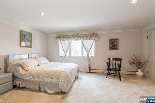 carpeted bedroom with crown molding and a baseboard radiator