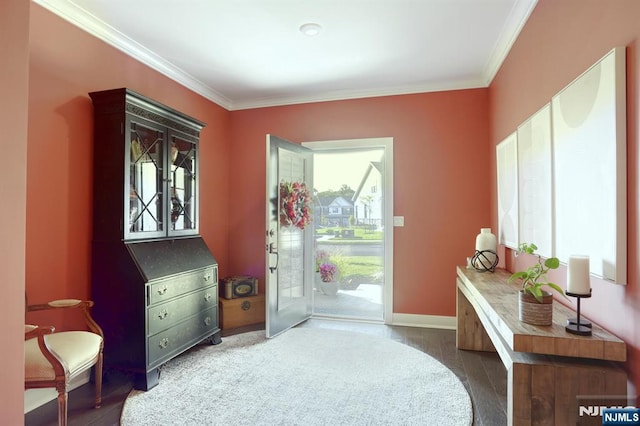 doorway featuring ornamental molding and plenty of natural light