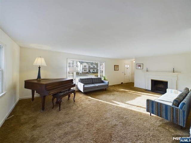 living room with a brick fireplace and carpet flooring