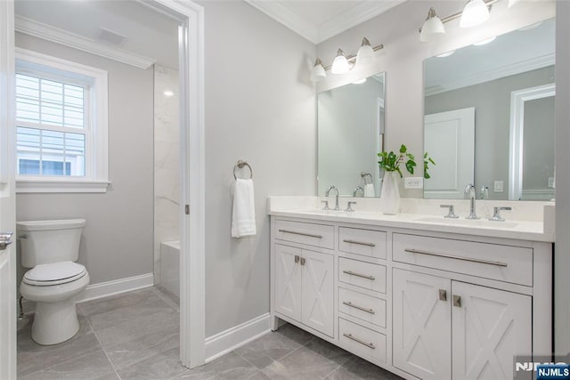 full bathroom with vanity, crown molding,  shower combination, and toilet