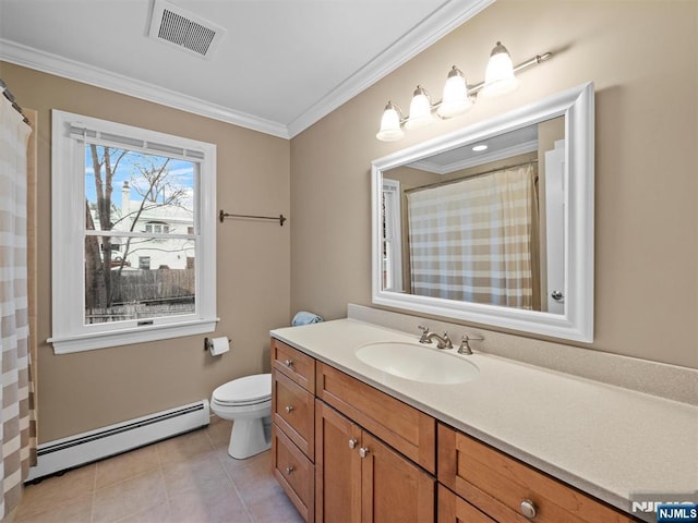 bathroom with tile patterned floors, toilet, crown molding, a baseboard radiator, and vanity