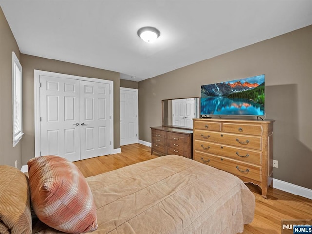 bedroom with wood-type flooring and a closet