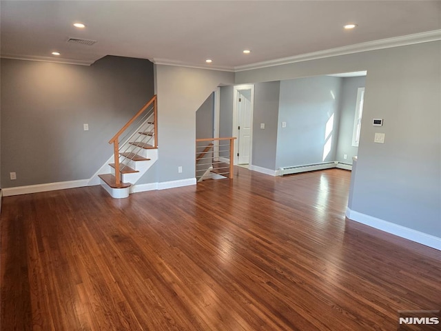 unfurnished room with baseboard heating, ornamental molding, and dark hardwood / wood-style floors