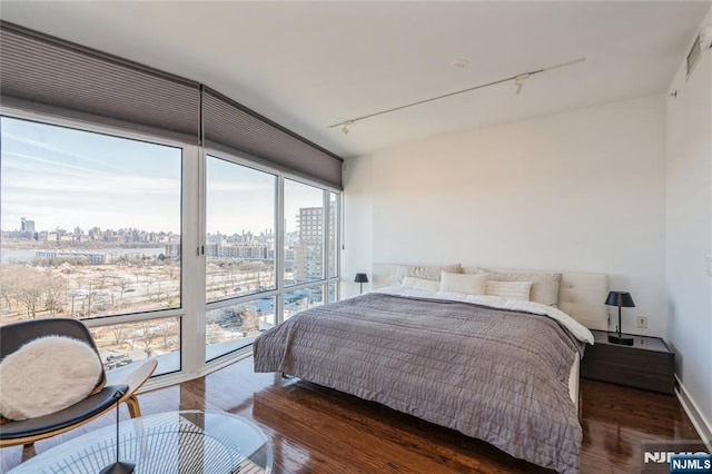 bedroom featuring rail lighting and dark hardwood / wood-style flooring