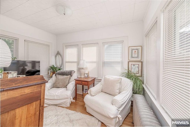 sitting room with radiator heating unit and light hardwood / wood-style floors