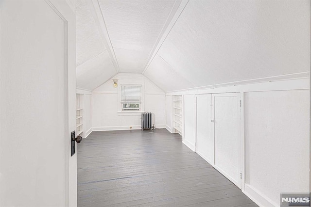 additional living space with lofted ceiling, radiator, dark wood-type flooring, a textured ceiling, and built in shelves