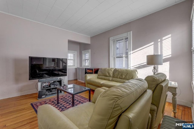 living room featuring crown molding, wood finished floors, and baseboards