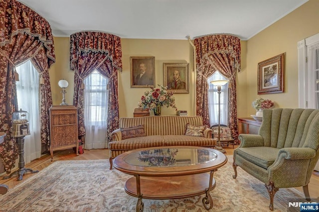 living area with wood finished floors and crown molding