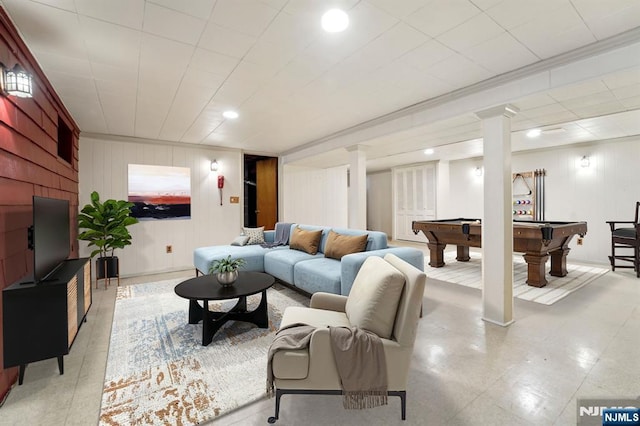 living area with recessed lighting, light floors, pool table, and ornate columns