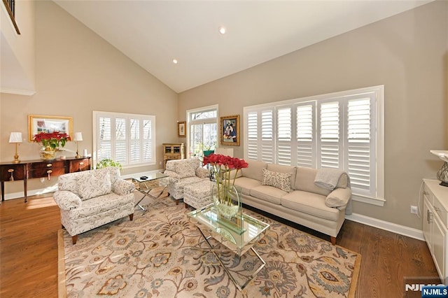 living room with hardwood / wood-style floors and high vaulted ceiling