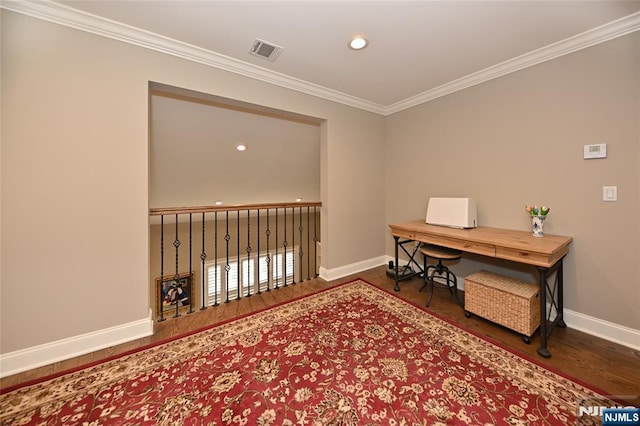 home office with crown molding and dark hardwood / wood-style flooring