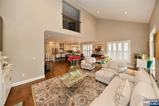 living room with a high ceiling and dark wood-type flooring